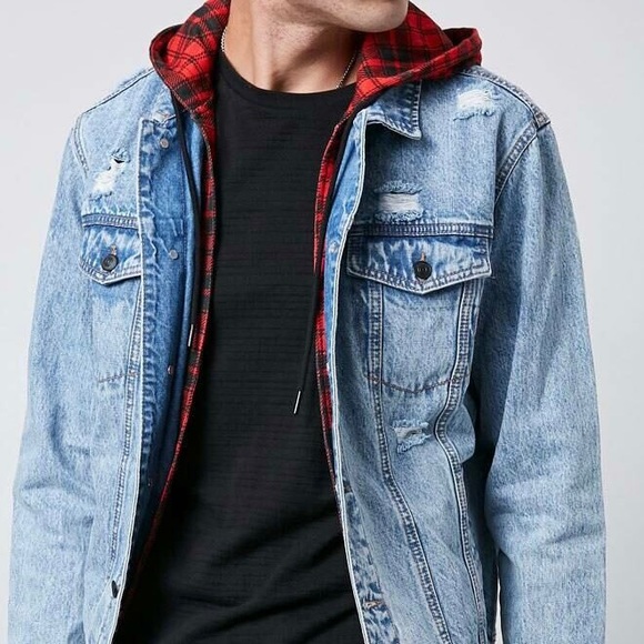 Denim Jacket With Red Flannel Hood 